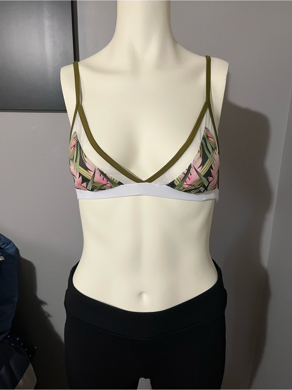 Pink Tropical Leaf Triangle Bikini Top with Olive Trim - Women Swim